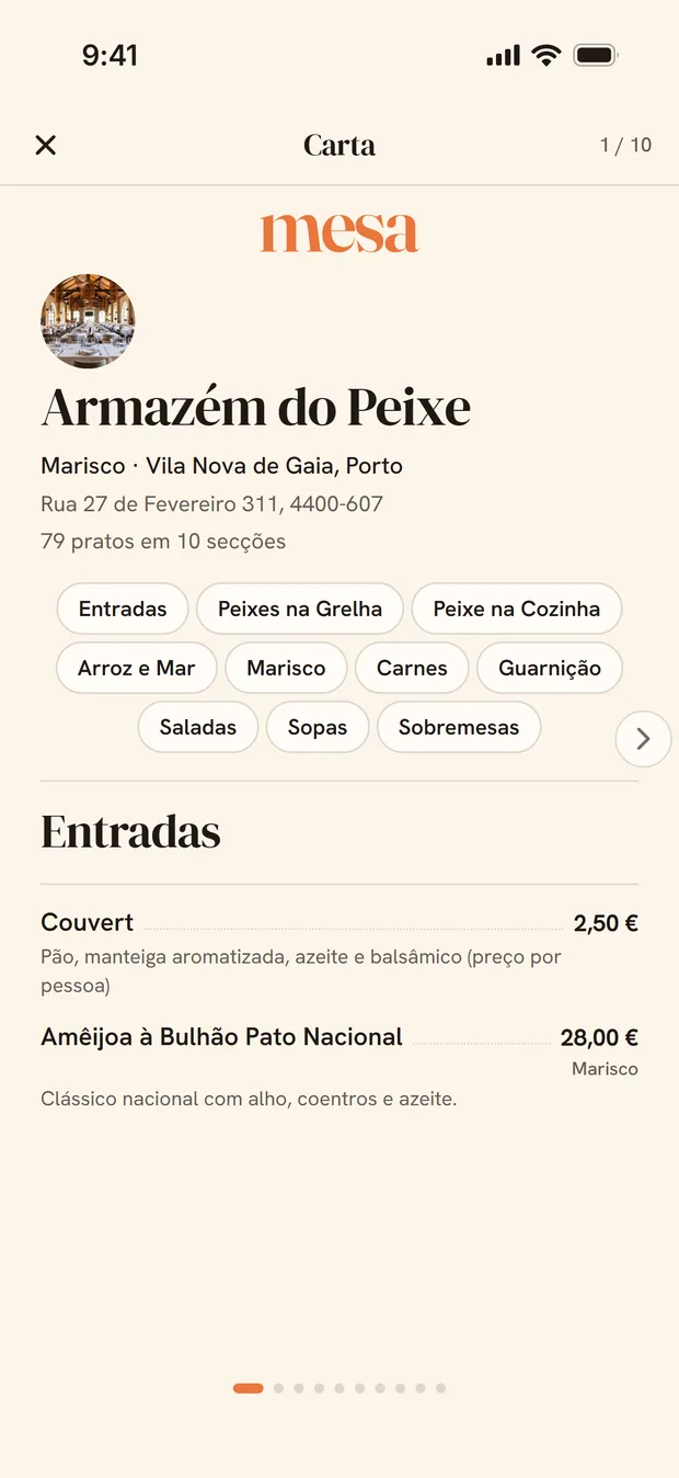A carta do restaurante